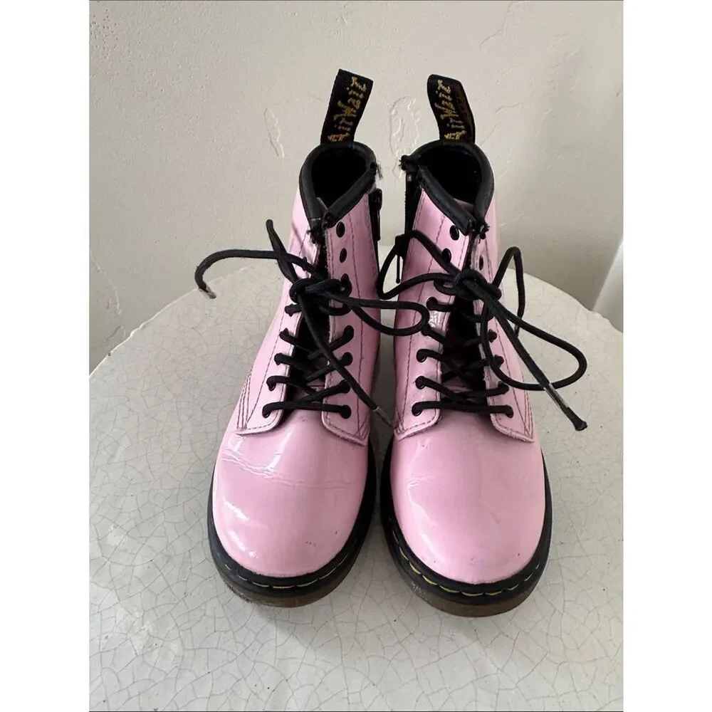 Dr. Martens 1460 Toddler Pink Patent Lace-Up Ankle Boots Side Zipper Size 10 EUC